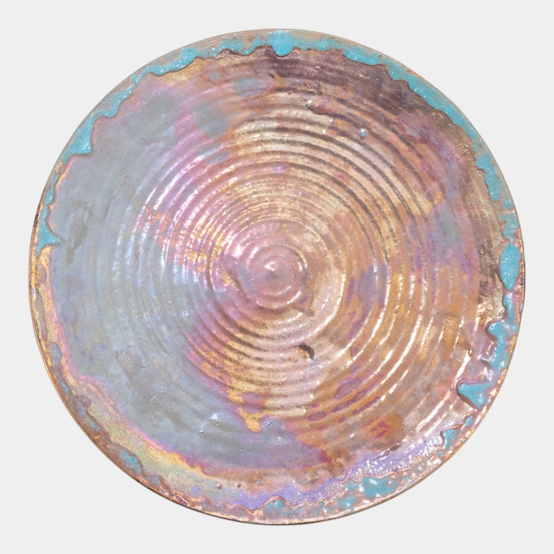 Pewabic Detroit 1920s Art Pottery Iridescent Blue Drip Ribbed Charger Plate - Just Art Pottery