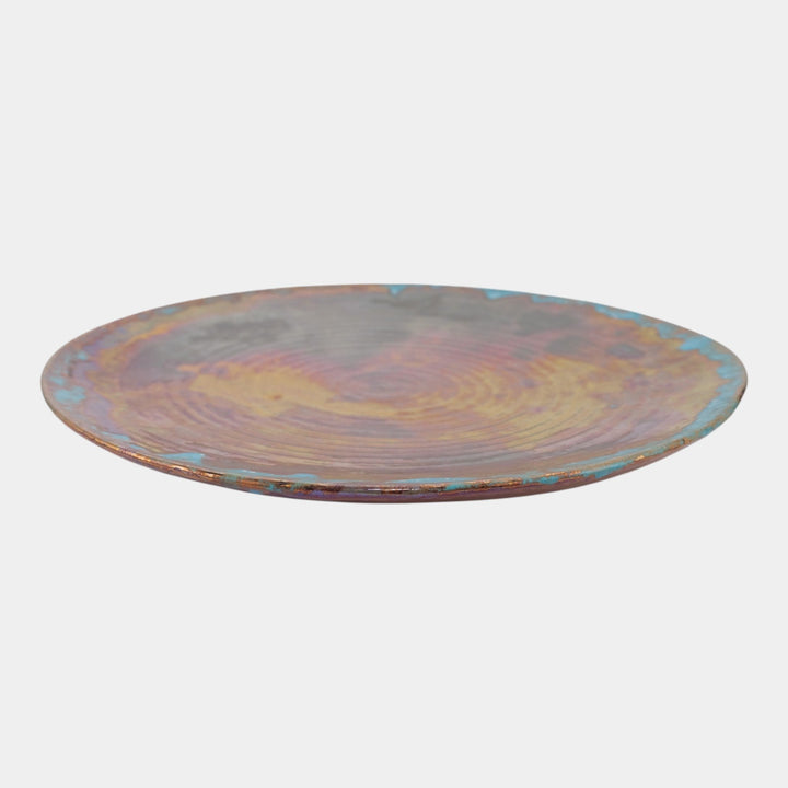 Pewabic Detroit 1920s Art Pottery Iridescent Blue Drip Ribbed Charger Plate - Just Art Pottery