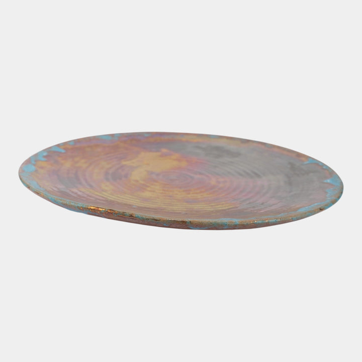 Pewabic Detroit 1920s Art Pottery Iridescent Blue Drip Ribbed Charger Plate - Just Art Pottery