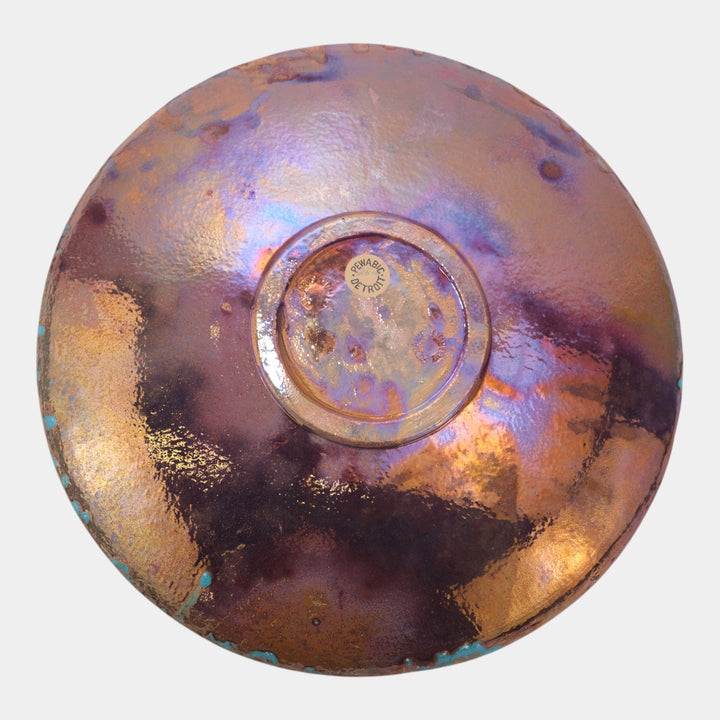 Pewabic Detroit 1920s Art Pottery Iridescent Blue Drip Ribbed Charger Plate - Just Art Pottery