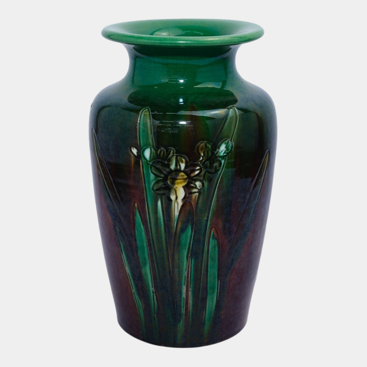 Awaji Japanese 1900-1910 Antique Art Pottery Green Brown Daffodils Ceramic Vase - Just Art Pottery