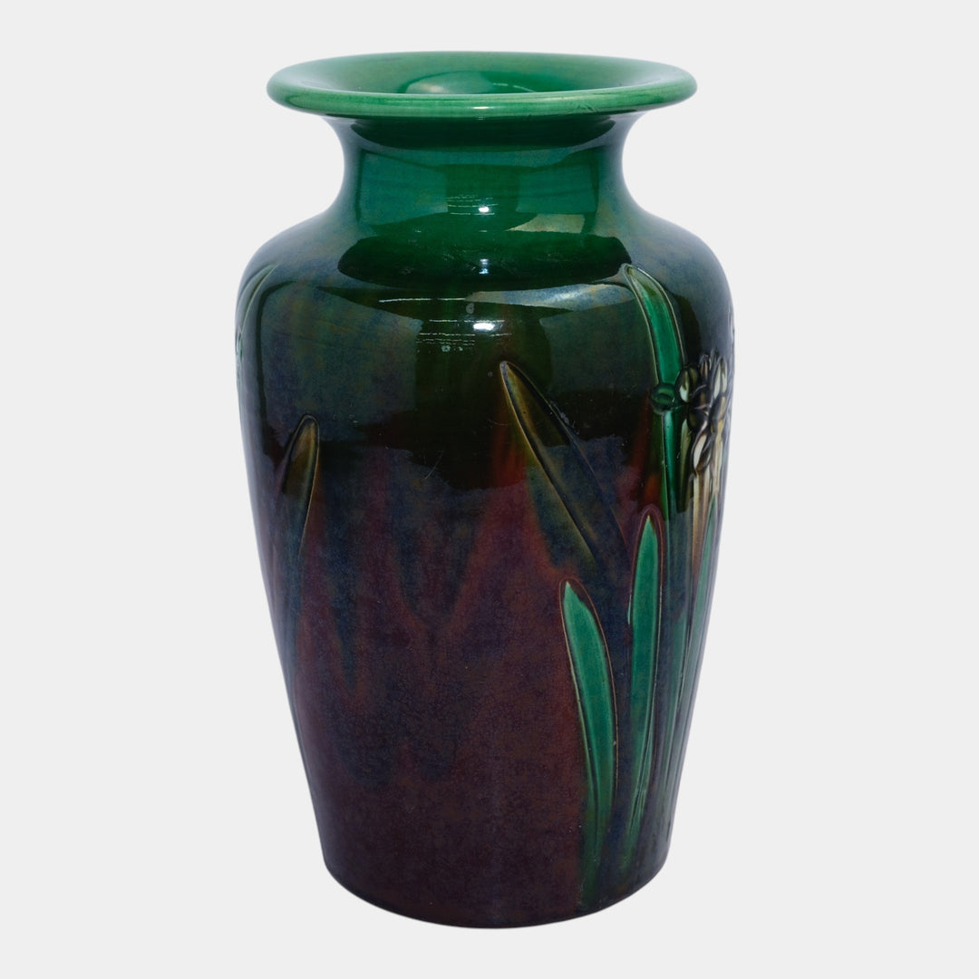 Awaji Japanese 1900-1910 Antique Art Pottery Green Brown Daffodils Ceramic Vase - Just Art Pottery