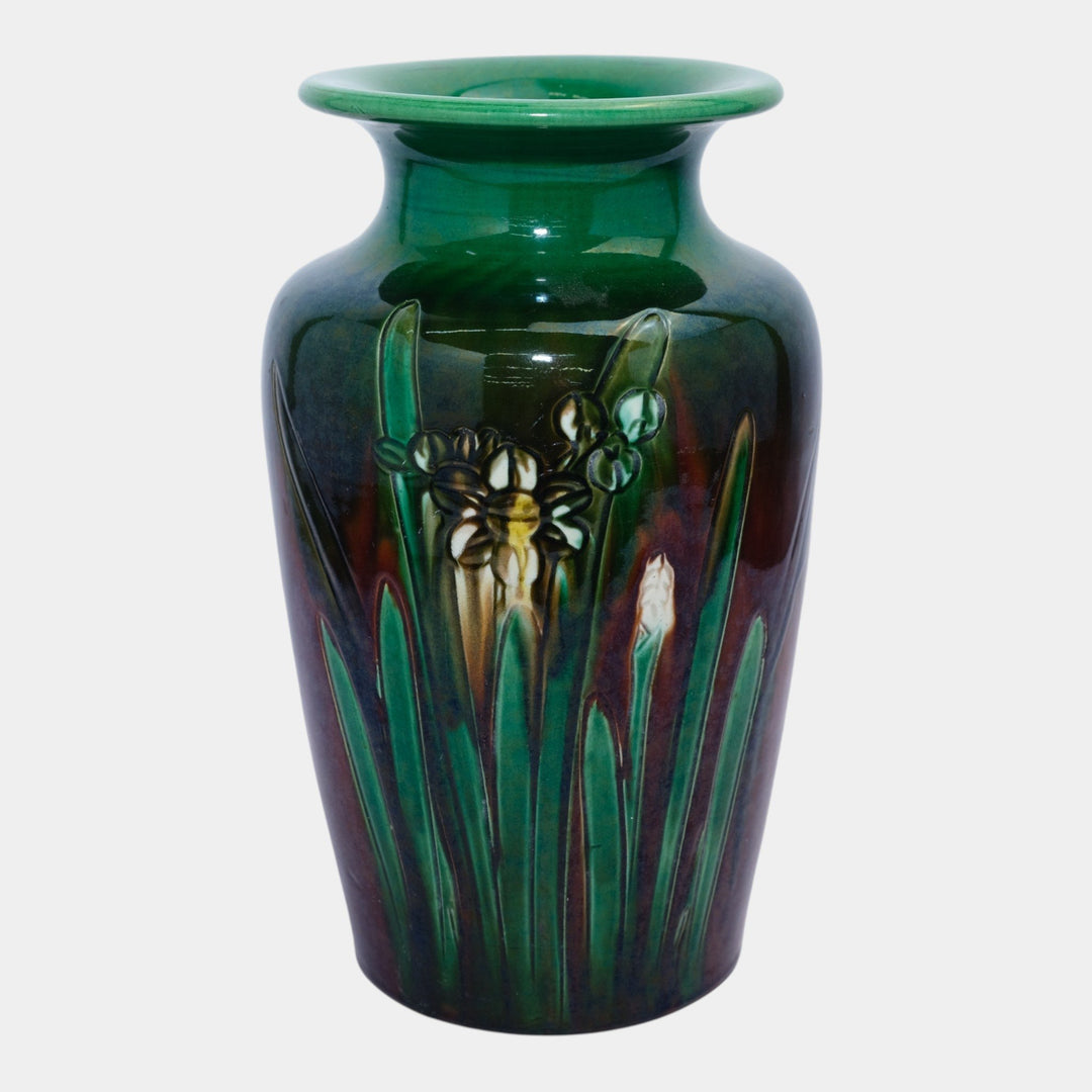 Awaji Japanese 1900-1910 Antique Art Pottery Green Brown Daffodils Ceramic Vase - Just Art Pottery