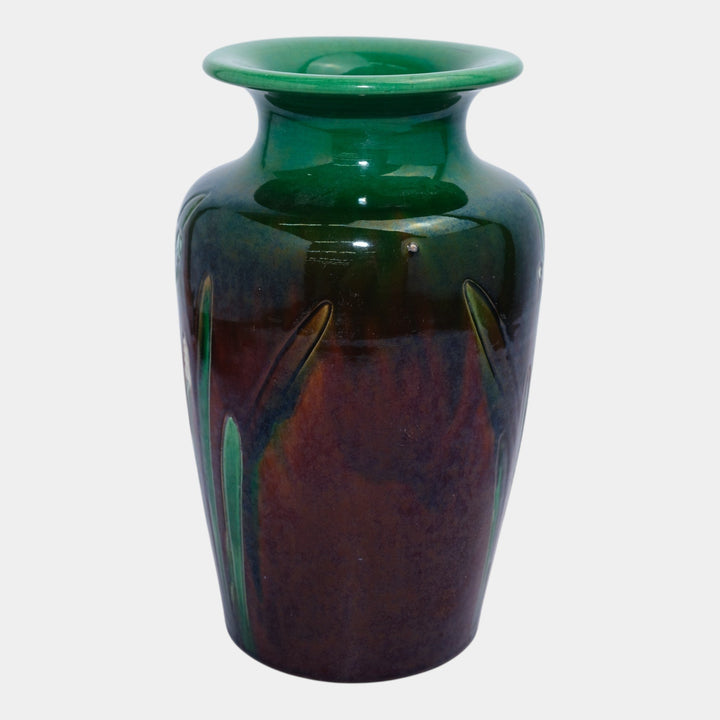 Awaji Japanese 1900-1910 Antique Art Pottery Green Brown Daffodils Ceramic Vase - Just Art Pottery