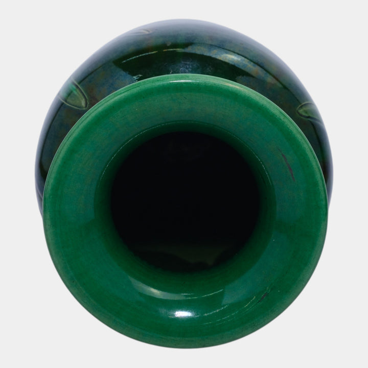 Awaji Japanese 1900-1910 Antique Art Pottery Green Brown Daffodils Ceramic Vase - Just Art Pottery