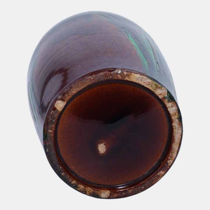 Awaji Japanese 1900-1910 Antique Art Pottery Green Brown Daffodils Ceramic Vase - Just Art Pottery