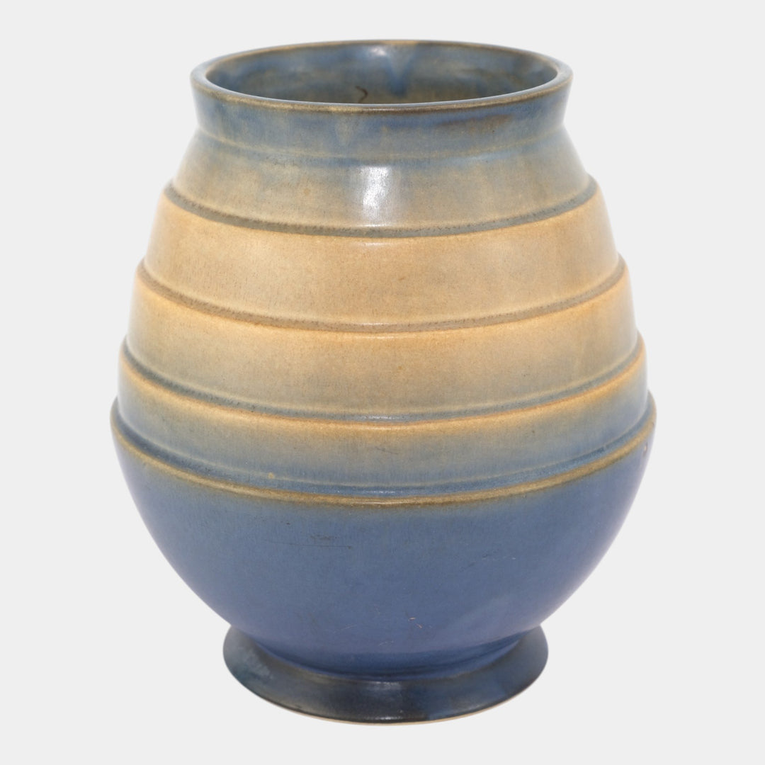 Roseville Futura 1928 Vintage Art Deco Pottery Blue Tan Stepped Egg Vase 424-7 - Just Art Pottery