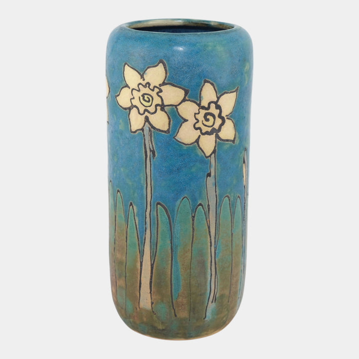 Hog Hill Studio Art Pottery Hand Tooled Yellow Daffodils Blue Ceramic Vase - Just Art Pottery