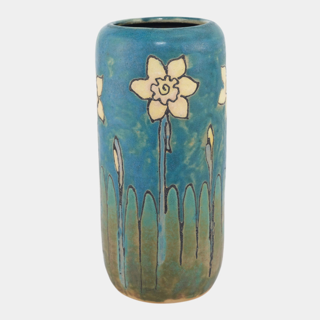 Hog Hill Studio Art Pottery Hand Tooled Yellow Daffodils Blue Ceramic Vase - Just Art Pottery