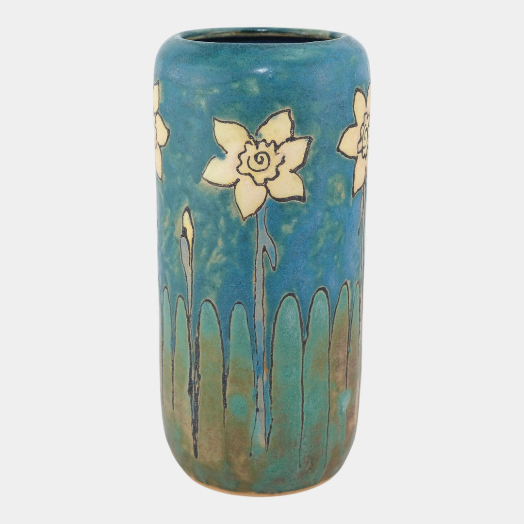 Hog Hill Studio Art Pottery Hand Tooled Yellow Daffodils Blue Ceramic Vase - Just Art Pottery