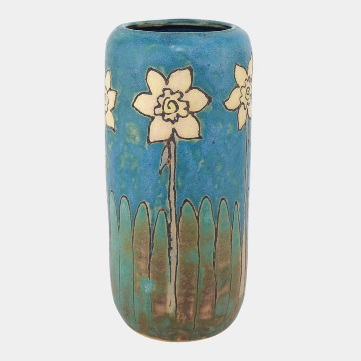 Hog Hill Studio Art Pottery Hand Tooled Yellow Daffodils Blue Ceramic Vase - Just Art Pottery