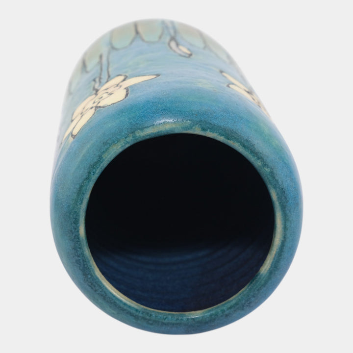 Hog Hill Studio Art Pottery Hand Tooled Yellow Daffodils Blue Ceramic Vase - Just Art Pottery