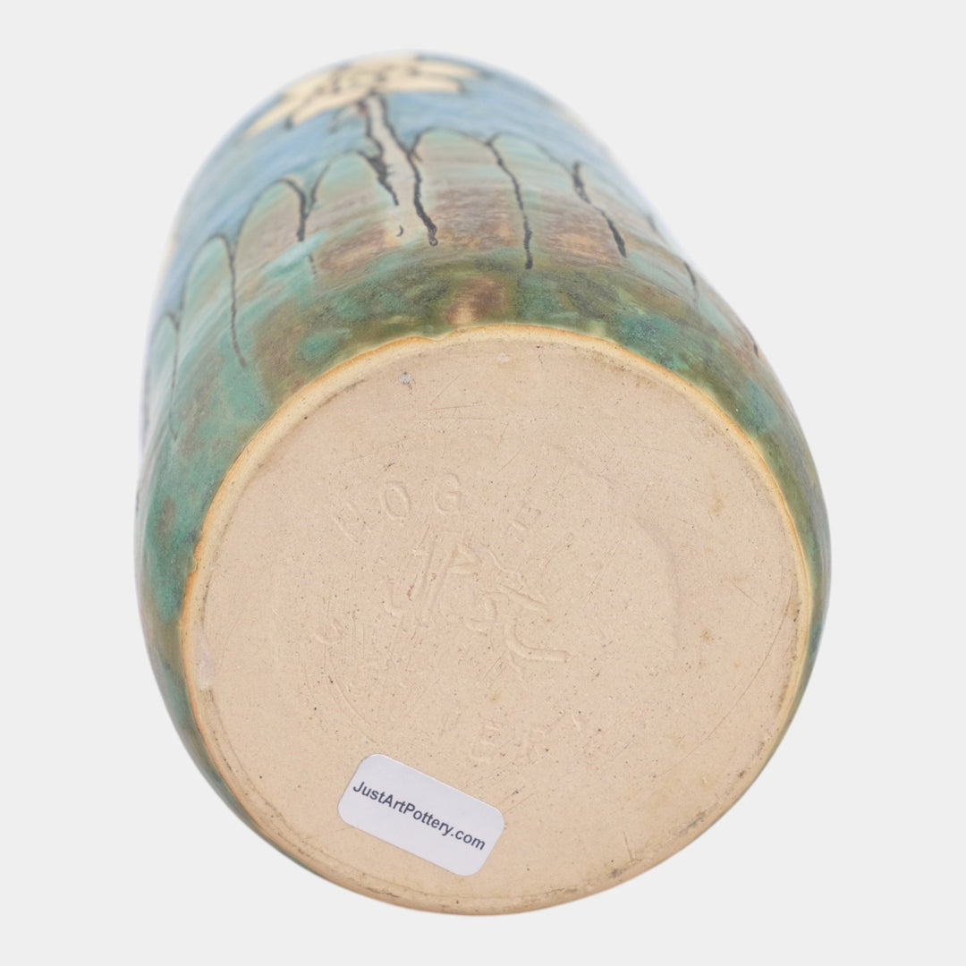 Hog Hill Studio Art Pottery Hand Tooled Yellow Daffodils Blue Ceramic Vase - Just Art Pottery