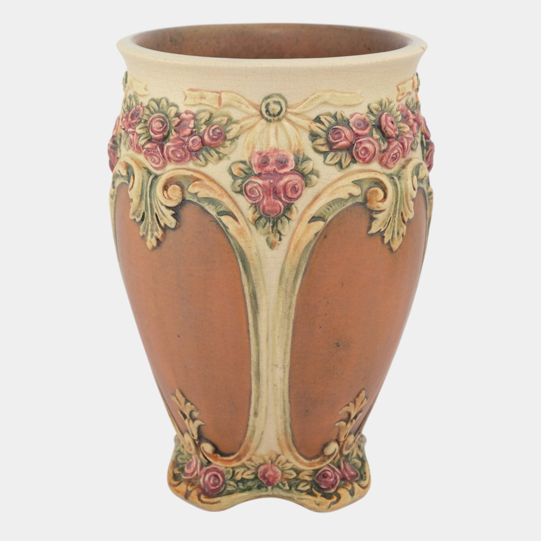 Weller Flemish 1920s Vintage Art Pottery Red Roses Floral Garland Ceramic Vase - Just Art Pottery