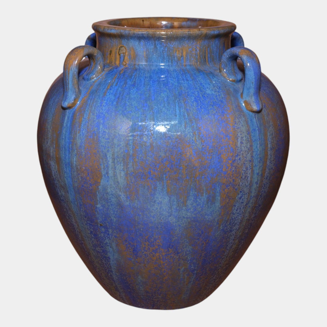 Fulper 1909-1917 Arts & Crafts Pottery Blue Crystalline Ceramic Four Handled Vase