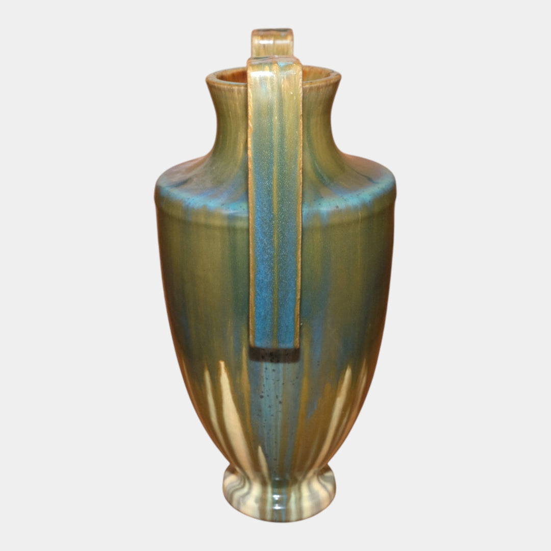 Fulper 1917-1923 Arts And Crafts Pottery Green Blue Rectangular Handled Vase 562 - Just Art Pottery