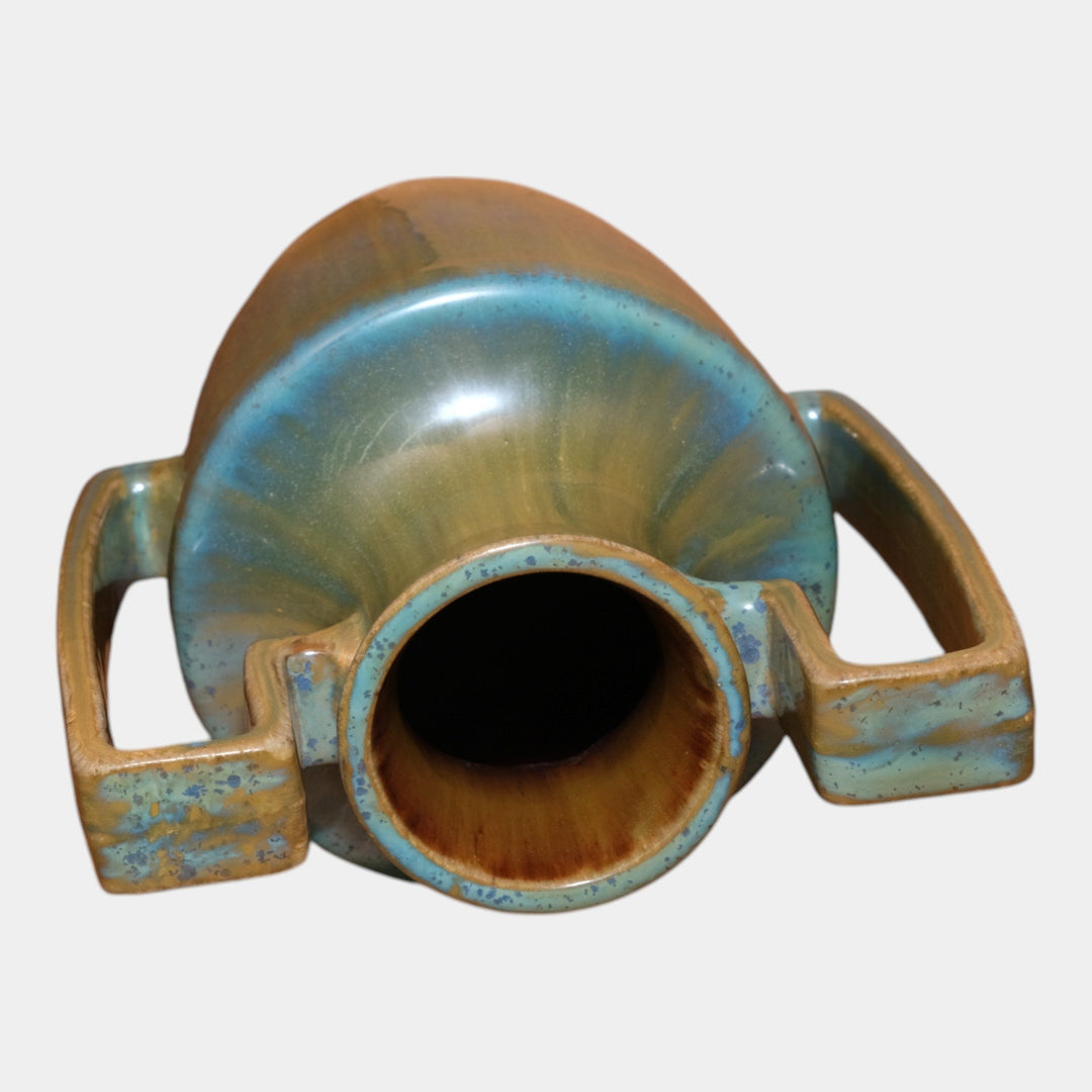 Fulper 1917-1923 Arts And Crafts Pottery Green Blue Rectangular Handled Vase 562 - Just Art Pottery