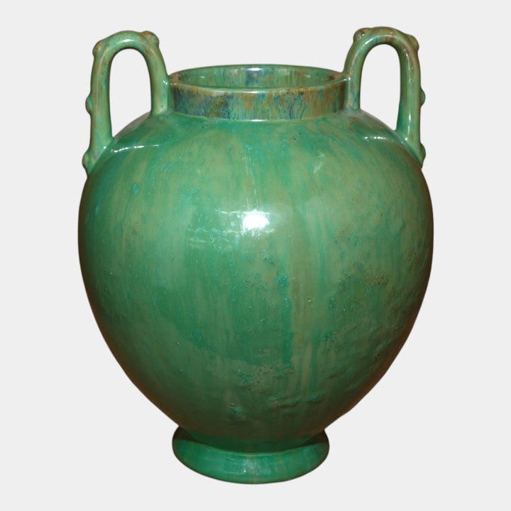 Fulper 1917-1934 Arts And Crafts Pottery Green Flambe Bulbous Handled Vase 515 - Just Art Pottery