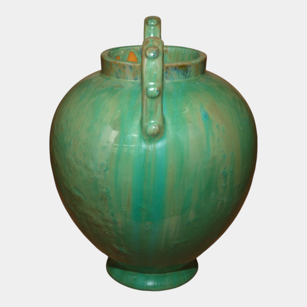 Fulper 1917-1934 Arts And Crafts Pottery Green Flambe Bulbous Handled Vase 515 - Just Art Pottery