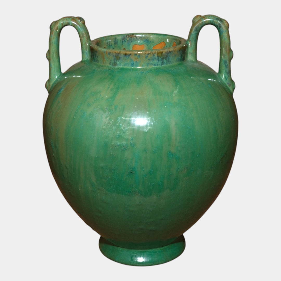 Fulper 1917-1934 Arts And Crafts Pottery Green Flambe Bulbous Handled Vase 515 - Just Art Pottery