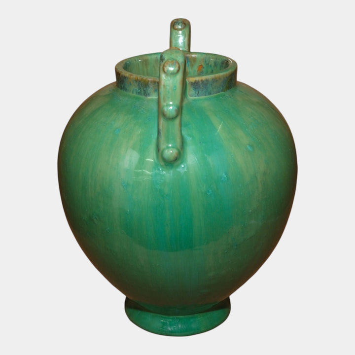 Fulper 1917-1934 Arts And Crafts Pottery Green Flambe Bulbous Handled Vase 515 - Just Art Pottery