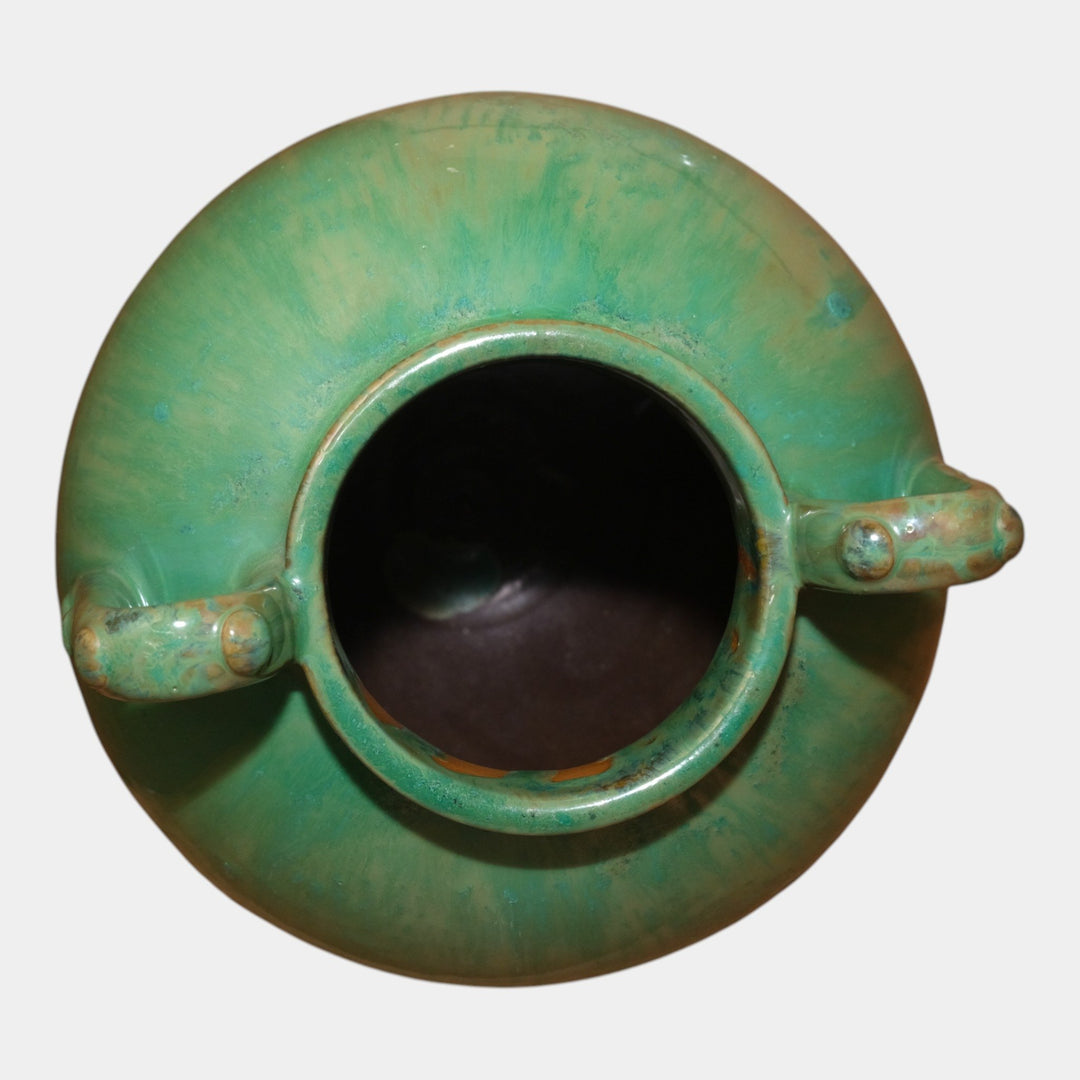 Fulper 1917-1934 Arts And Crafts Pottery Green Flambe Bulbous Handled Vase 515 - Just Art Pottery