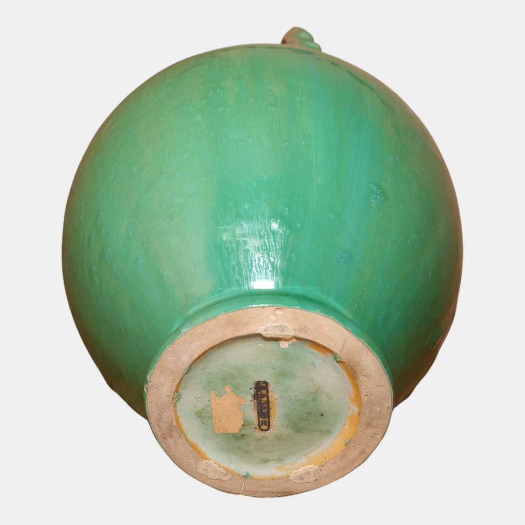 Fulper 1917-1934 Arts And Crafts Pottery Green Flambe Bulbous Handled Vase 515 - Just Art Pottery