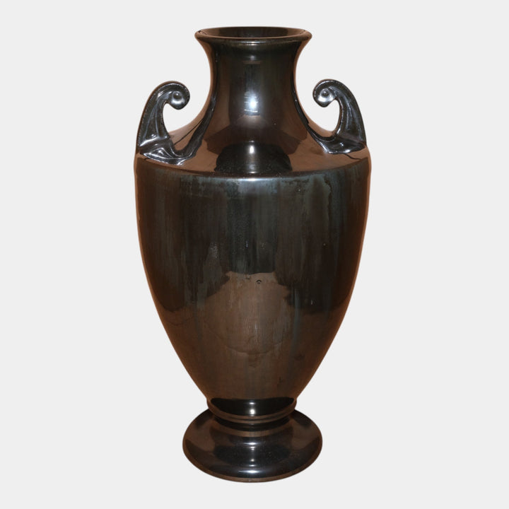 Fulper 1917-1927 Arts And Crafts Pottery Black Mirror Glaze Handled Urn Vase 608 - Just Art Pottery