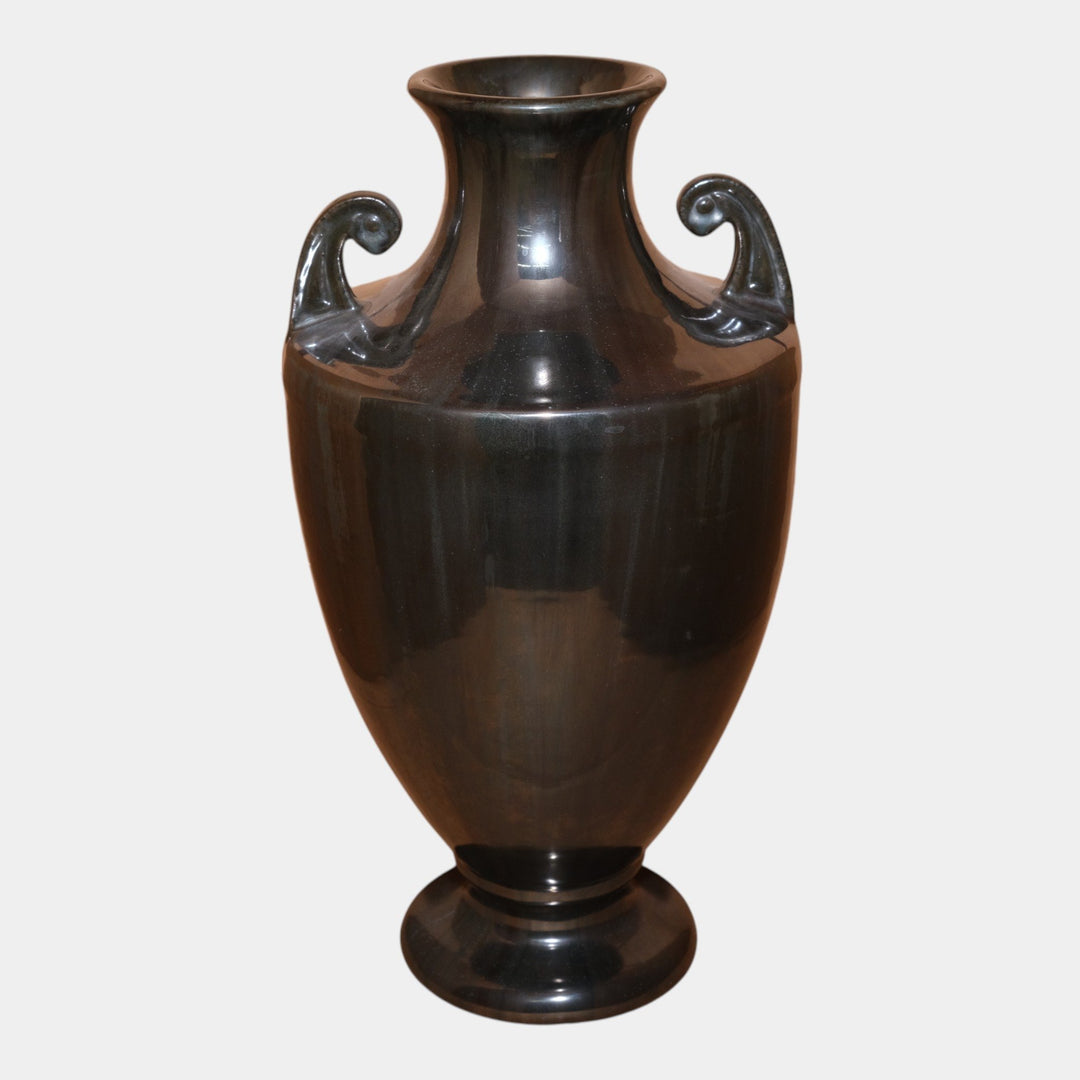 Fulper 1917-1927 Arts And Crafts Pottery Black Mirror Glaze Handled Urn Vase 608 - Just Art Pottery