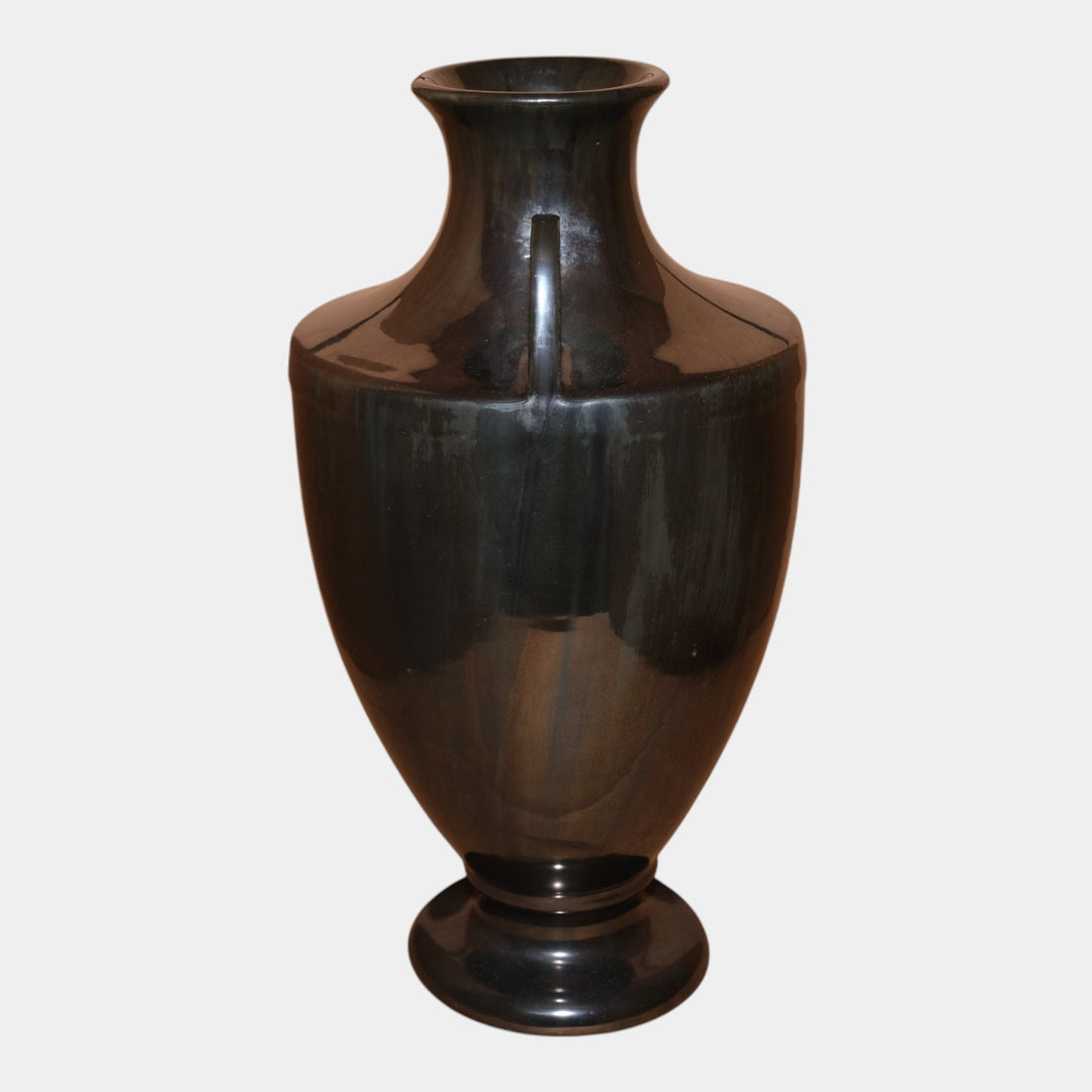 Fulper 1917-1927 Arts And Crafts Pottery Black Mirror Glaze Handled Urn Vase 608 - Just Art Pottery