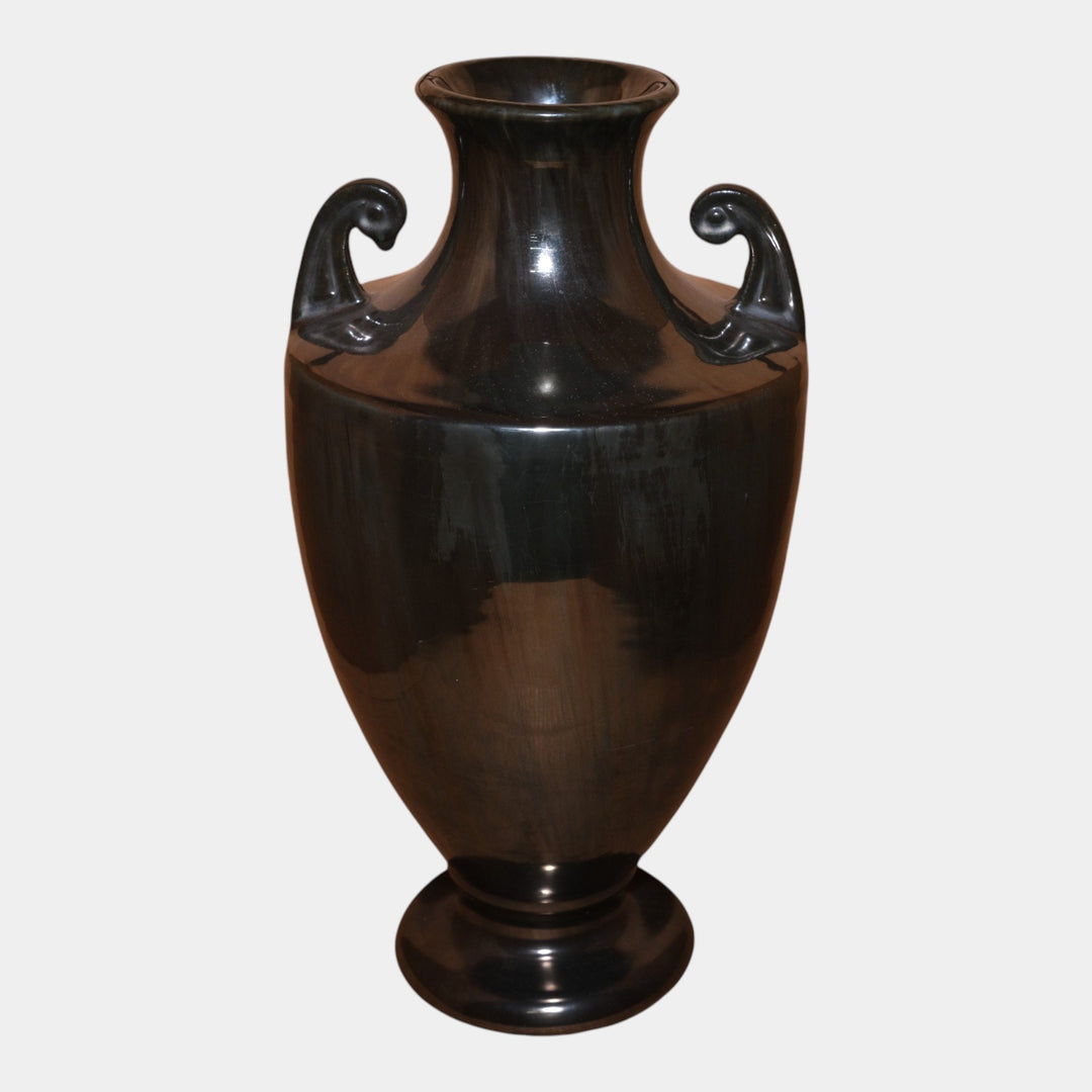 Fulper 1917-1927 Arts And Crafts Pottery Black Mirror Glaze Handled Urn Vase 608 - Just Art Pottery