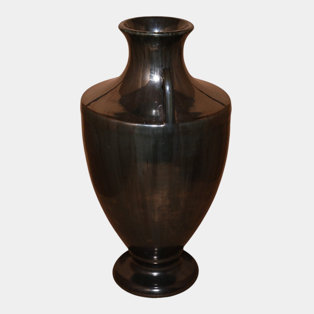 Fulper 1917-1927 Arts And Crafts Pottery Black Mirror Glaze Handled Urn Vase 608 - Just Art Pottery