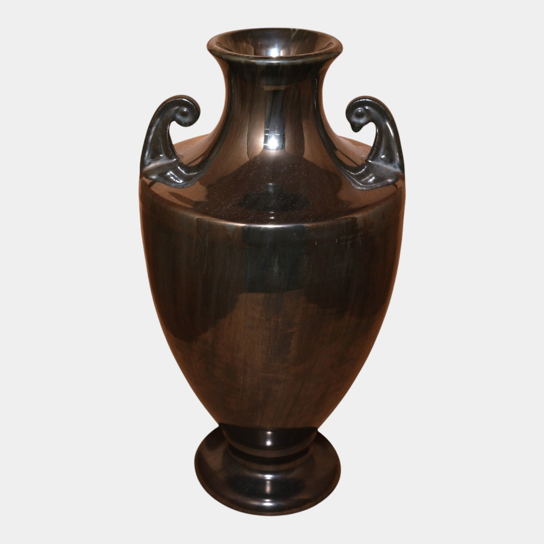 Fulper 1917-1927 Arts And Crafts Pottery Black Mirror Glaze Handled Urn Vase 608 - Just Art Pottery