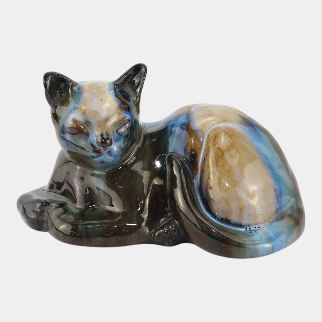 Fulper 1909-1917 Arts And Crafts Pottery Blue Brown Flambe Sleeping Cat Doorstop - Just Art Pottery
