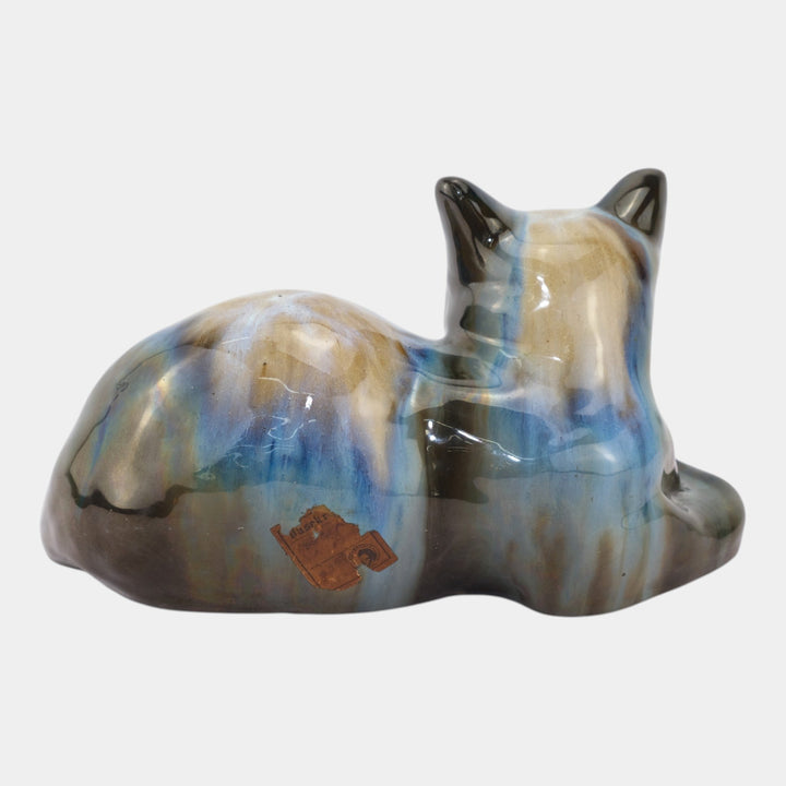 Fulper 1909-1917 Arts And Crafts Pottery Blue Brown Flambe Sleeping Cat Doorstop - Just Art Pottery