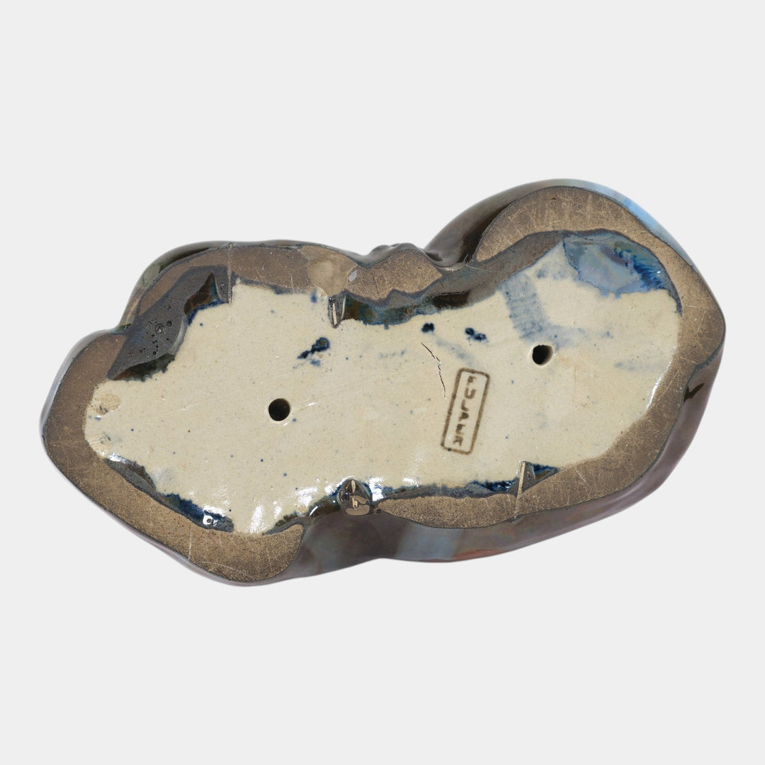 Fulper 1909-1917 Arts And Crafts Pottery Blue Brown Flambe Sleeping Cat Doorstop - Just Art Pottery