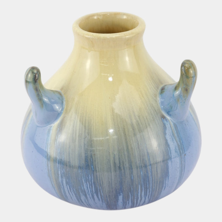 Fulper 1917-1923 Art Pottery Yellow Blue Flambe Glaze Horned Vase 519 - Just Art Pottery