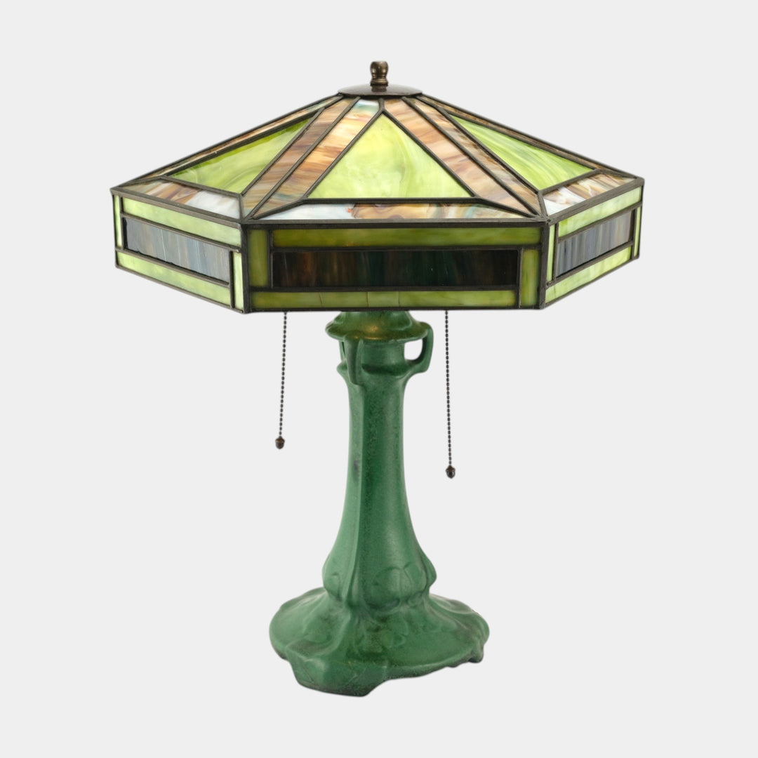 Weller Bedford 1914 Vintage Art Pottery Matte Green Lamp Stained Glass Shade - Just Art Pottery