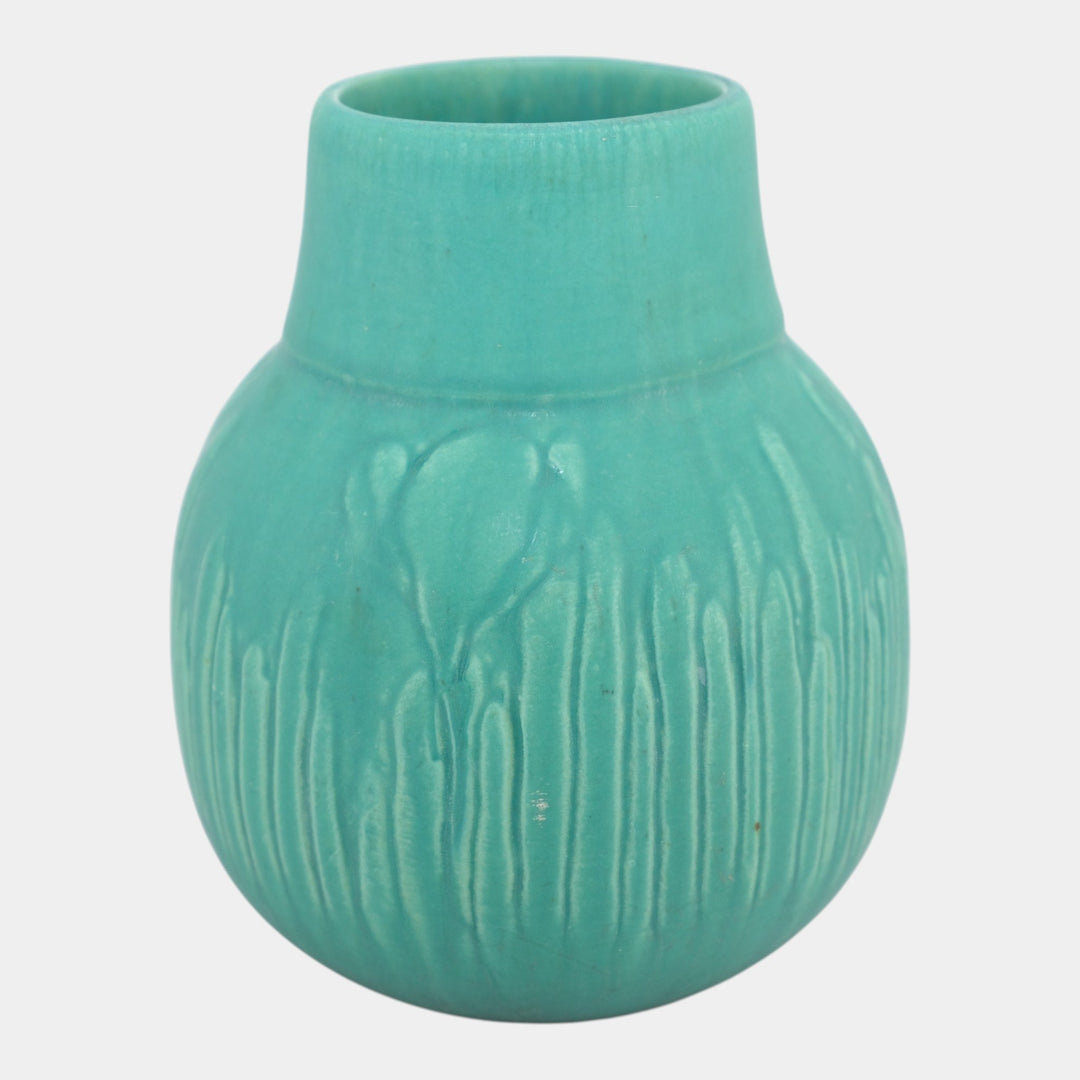 Owens Early 1900s Vintage Arts and Crafts Pottery Matte Green Floral Body Vase - Just Art Pottery