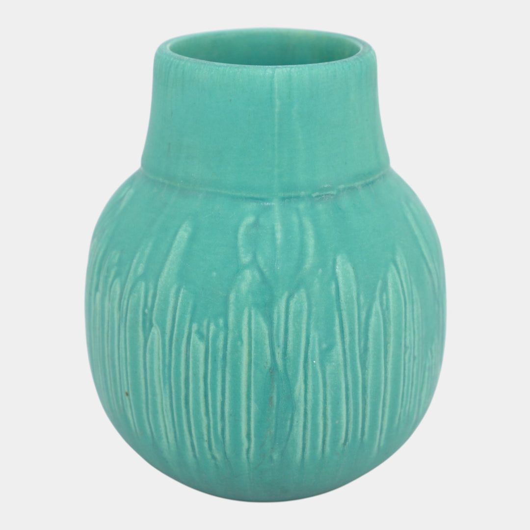 Owens Early 1900s Vintage Arts and Crafts Pottery Matte Green Floral Body Vase - Just Art Pottery