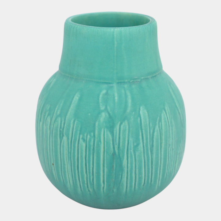 Owens Early 1900s Vintage Arts and Crafts Pottery Matte Green Floral Body Vase - Just Art Pottery