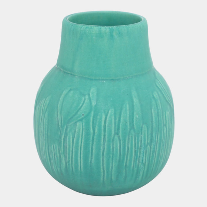 Owens Early 1900s Vintage Arts and Crafts Pottery Matte Green Floral Body Vase - Just Art Pottery