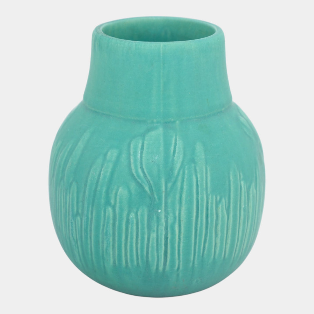 Owens Early 1900s Vintage Arts and Crafts Pottery Matte Green Floral Body Vase - Just Art Pottery