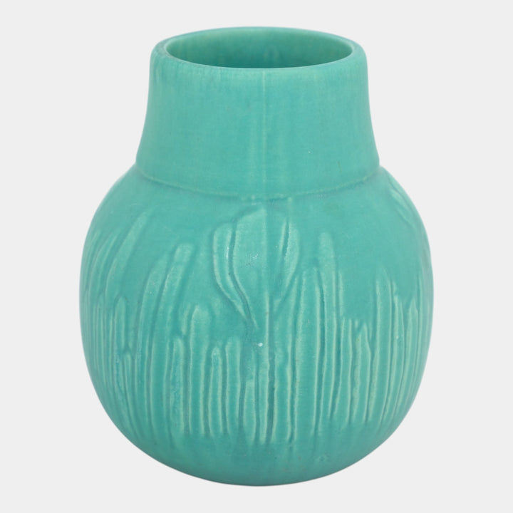 Owens Early 1900s Vintage Arts and Crafts Pottery Matte Green Floral Body Vase - Just Art Pottery