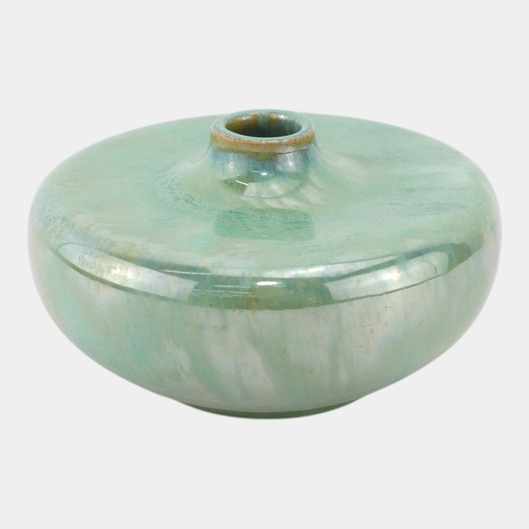 Fulper 1909-1917 Art Pottery Green Glaze Flat Oviform First Fifteen Vase 7 - Just Art Pottery