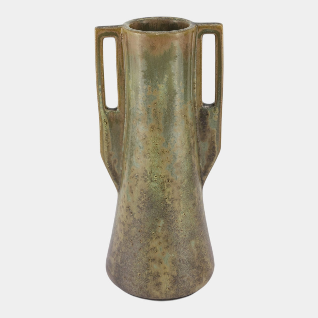 Fulper 1909-1917 Arts And Crafts Pottery Green Leopard Skin Handled Vase 27 - Just Art Pottery