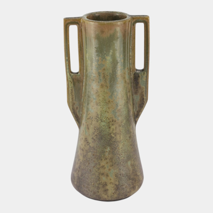 Fulper 1909-1917 Arts And Crafts Pottery Green Leopard Skin Handled Vase 27 - Just Art Pottery