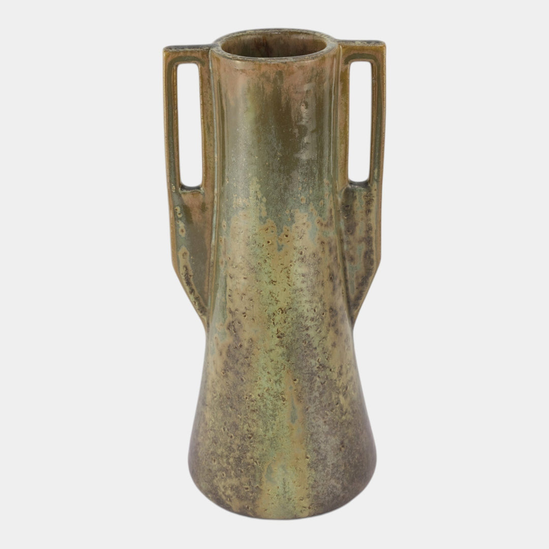 Fulper 1909-1917 Arts And Crafts Pottery Green Leopard Skin Handled Vase 27 - Just Art Pottery