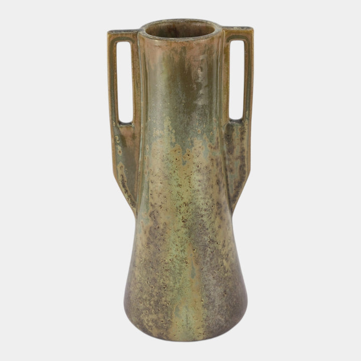 Fulper 1909-1917 Arts And Crafts Pottery Green Leopard Skin Handled Vase 27 - Just Art Pottery