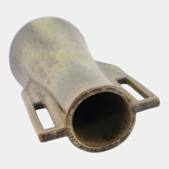 Fulper 1909-1917 Arts And Crafts Pottery Green Leopard Skin Handled Vase 27 - Just Art Pottery